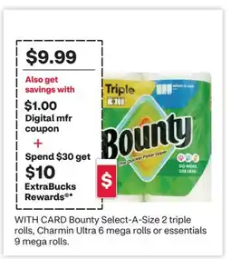 CVS Bounty Select-A-Size 2 triple rolls, Charmin Ultra 6 mega rolls or essentials 9 mega rolls offer