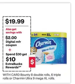 CVS Bounty 8 double rolls, 6 triple rolls or Charmin Ultra 9 mega XL rolls offer