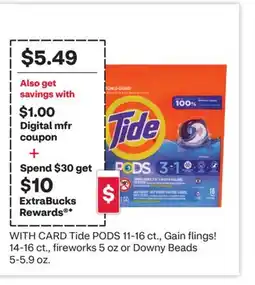 CVS Tide PODS 11-16 ct., Gain flings! 14-16 ct., fireworks 5 oz or Downy Beads 5-5.9 oz offer