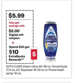 CVS Dawn Ultra 30-38 oz., PowerSuds 17.4 oz., EZ-Squeeze 18-22 oz. or Powerwash spray 16 oz offer