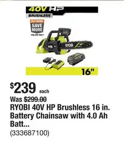 The Home Depot RYOBI 40V HP Brushless 16 in. Battery Chainsaw with 4.0 Ah Battery and Charger offer