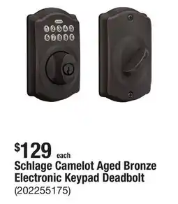 The Home Depot Schlage Camelot Aged Bronze Electronic Keypad Deadbolt offer