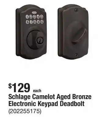 The Home Depot Schlage Camelot Aged Bronze Electronic Keypad Deadbolt offer