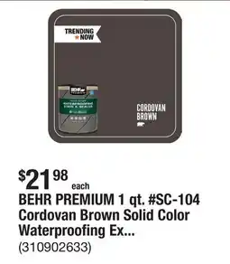 The Home Depot BEHR PREMIUM 1 qt. #SC-104 Cordovan Brown Solid Color Waterproofing Exterior Wood Stain and Sealer offer