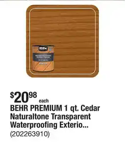 The Home Depot BEHR PREMIUM 1 qt. Cedar Naturaltone Transparent Waterproofing Exterior Wood Finish offer