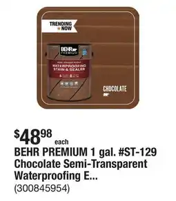 The Home Depot BEHR PREMIUM 1 gal. #ST-129 Chocolate Semi-Transparent Waterproofing Exterior Wood Stain and Sealer offer