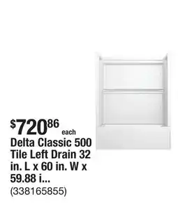The Home Depot Delta Classic 500 Tile Left Drain 32 in. L x 60 in. W x 59.88 in. H Alcove Bathtub Kit with Tub Wall offer