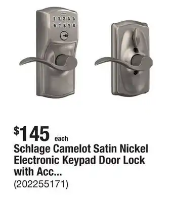 The Home Depot Schlage Camelot Satin Nickel Electronic Keypad Door Lock with Accent Handle and Flex Lock offer