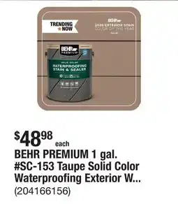 The Home Depot BEHR PREMIUM 1 gal. #SC-153 Taupe Solid Color Waterproofing Exterior Wood Stain and Sealer offer