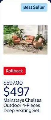Walmart Mainstays Chelsea Outdoor Patio Steel 4-Pieces Deeping Seating Set with Terra Cotta Cushions offer