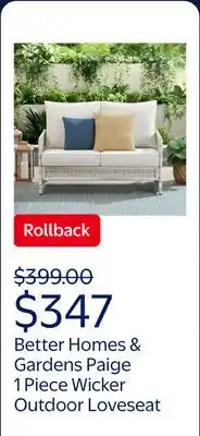 Walmart Better Homes & Gardens Paige 1 Piece Wicker Outdoor Loveseat with Cushions, White offer