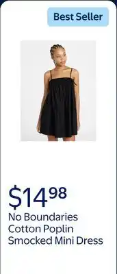 Walmart No Boundaries Cotton Poplin Smocked Mini Dress with Tie Straps, Women's XXS-XXL offer