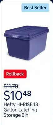 Walmart Hefty HI-RISE 18 Gallon Large Latching Storage Bin, Plastic Storage Container with HI-RISE Lid, Blue offer