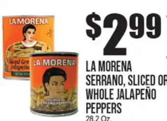 Extra Supermarket LA MORENA SERRANO, SLICED OR WHOLE JALAPEÑO PEPPERS offer