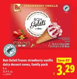 Lidl Bon Gelati frozen strawberry vanilla dairy dessert cones, family pack offer