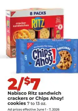 Hy-Vee Nabisco Ritz sandwich crackers or Chips Ahoy! cookies offer