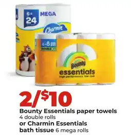 Hy-Vee Bounty Essentials paper towels 4 double rolls or Charmin Essentials bath tissue 6 mega rolls offer