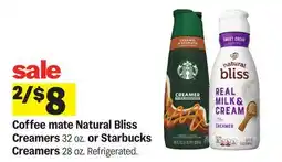 Meijer Coffee mate Natural Bliss Creamers 32 oz. or Starbucks Creamers 28 oz offer