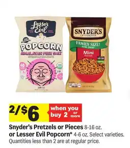 Meijer Snyder's Pretzels or Pieces or Lesser Evil Popcorn offer