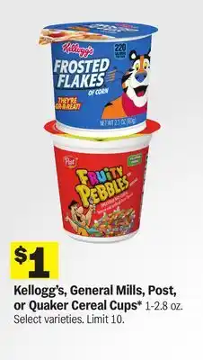 Meijer Kellogg's, General Mills, Post, or Quaker Cereal Cups offer