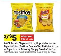 Meijer LAY'S Potato Chips, Poppables, Tostitos Cantina Tortilla Chips or Dips offer