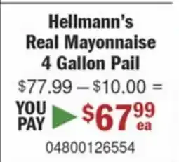 Restaurant Depot Hellmann's Real Mayonnaise 4 Gallon Pail offer