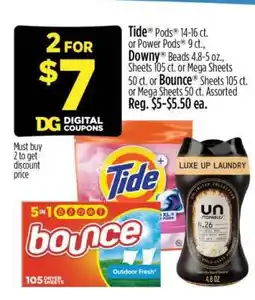 Dollar General Tide Pods or Power Pods, Downy Beads, Sheets or Mega Sheets, Bounce Sheets offer