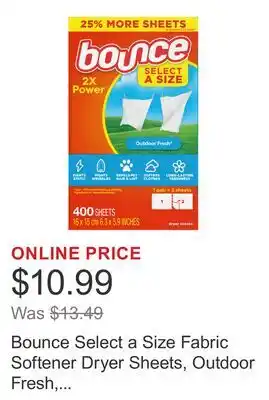 Costco Bounce Select a Size Fabric Softener Dryer Sheets, Outdoor Fresh, 400-count offer
