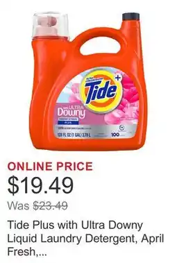 Costco Tide Plus with Ultra Downy Liquid Laundry Detergent, April Fresh, 100 Loads, 128 fl oz offer
