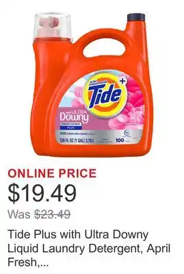 Costco Tide Plus with Ultra Downy Liquid Laundry Detergent, April Fresh, 100 Loads, 128 fl oz offer