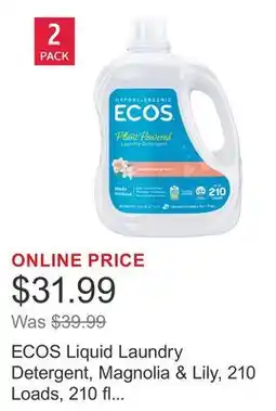 Costco ECOS Liquid Laundry Detergent, Magnolia & Lily, 210 Loads, 210 fl oz, 2-count offer