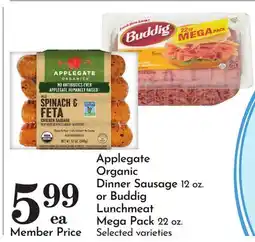 Pavilions Applegate Organic Dinner Sausage 12 oz. or Buddig Lunchmeat Mega Pack 22 oz offer