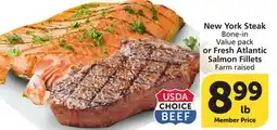 Albertsons New York Steak Bone-in Value pack or Fresh Atlantic Salmon Fillets offer