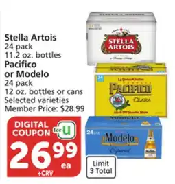 Vons Stella Artois 24 pack 11.2 oz. bottles Pacifico or Modelo 24 pack 12 oz. bottles or cans offer