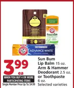 Vons Sun Bum Lip Balm 15 oz. Arm & Hammer Deodorant 2.5 oz. or Toothpaste 6 oz offer