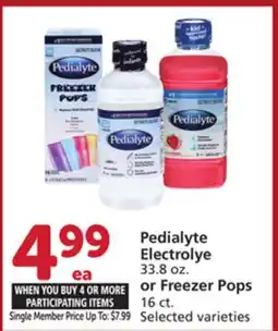 Vons Pedialyte Electrolyte 33.8 oz. or Freezer Pops 16 ct offer