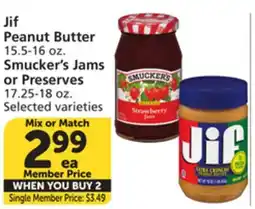 Vons Jif Peanut Butter 15.5-16 oz. Smucker's Jams or Preserves 17.25-18 oz offer