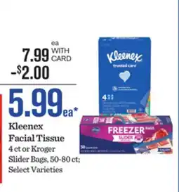 Mariano's Kleenex Facial Tissue 4 ct or Kroger Slider Bags, 50-80 ct offer