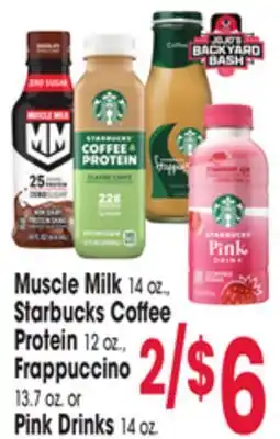 Jewel-Osco Muscle Milk 14 oz., Starbucks Coffee Protein 12 oz., Frappuccino 13.7 oz. or Pink Drinks 14 oz offer