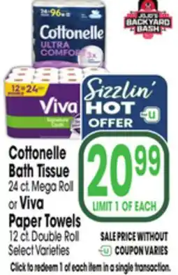 Jewel-Osco Cottonelle Bath Tissue 24 ct. Mega Roll or Viva Paper Towels 12 ct. Double Roll offer