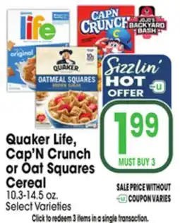 Jewel-Osco Quaker Life, Cap'N Crunch or Oat Squares Cereal offer