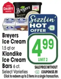 Jewel-Osco Breyers Ice Cream 1.5 qt or Klondike Ice Cream Bars 6 ct offer