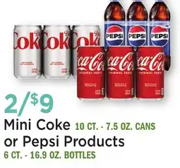 Heinen's Mini Coke 10 CT. - 7.5 OZ. CANS or Pepsi Products 6 CT. - 16.9 OZ. BOTTLES offer