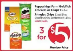 Safeway Pepperidge Farm Goldfish Crackers or Crisps / Pringles Chips offer
