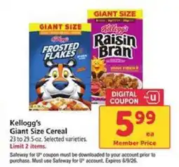Safeway Kellogg's Giant Size Cereal offer