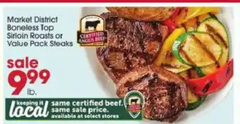 Giant Eagle Market District Boneless Top Sirloin Roasts or Value Pack Steaks offer
