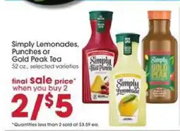 Giant Eagle Simply Lemonades, Punches or Gold Peak Tea offer