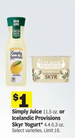 Meijer Simply Juice or Icelandic Provisions Skyr Yogurt offer