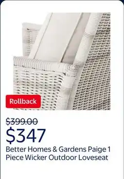 Walmart Better Homes & Gardens Paige 1 Piece Wicker Outdoor Loveseat with Cushions, White offer