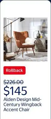 Walmart Alden Design Mid-Century Modern Faux Leather Wingback Accent Chair, Brown offer